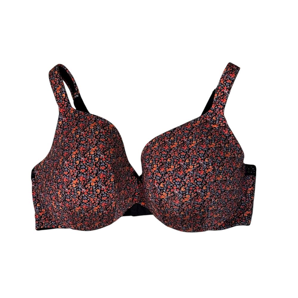 Cacique Bra Satin Full Coverage Size 42DD Black Floral Print Underwire T Shirt